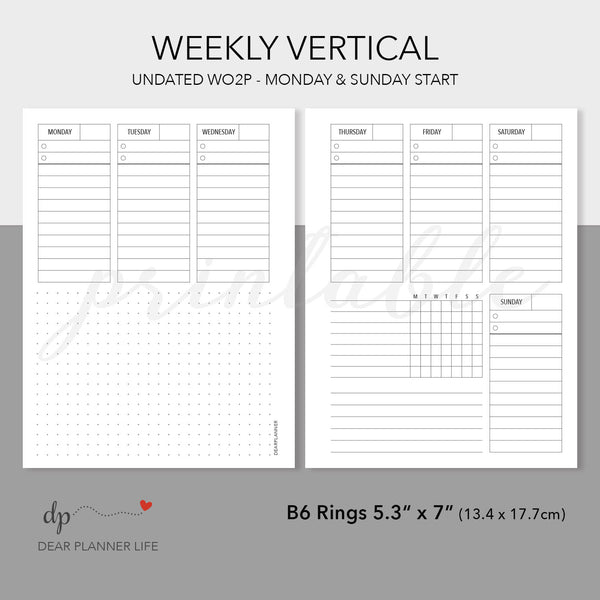 Week on 2 Pages Vertical Layout (B6 Rings Size) Printable PDF : B-27