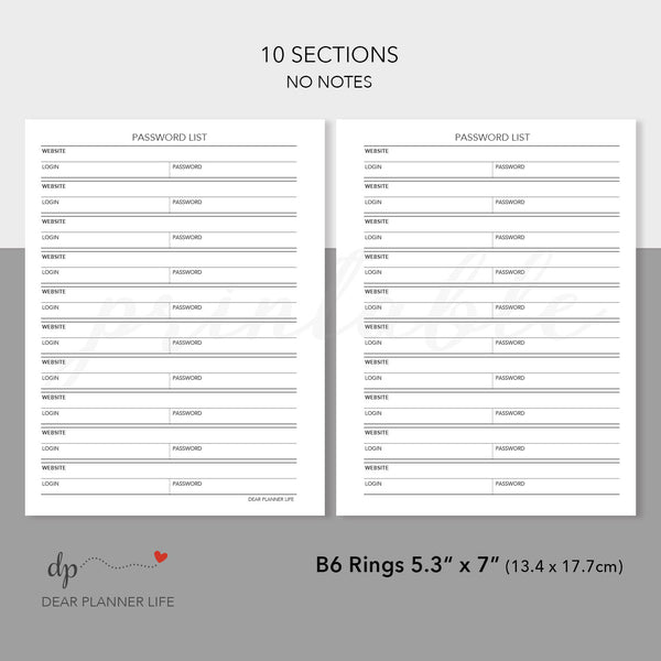 Password List Tracker (B6 Rings Size) Printable PDF : B28