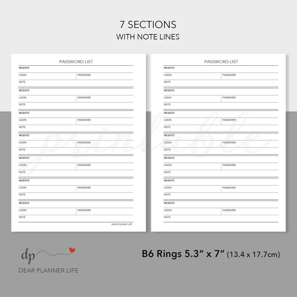 Password List Tracker (B6 Rings Size) Printable PDF : B28