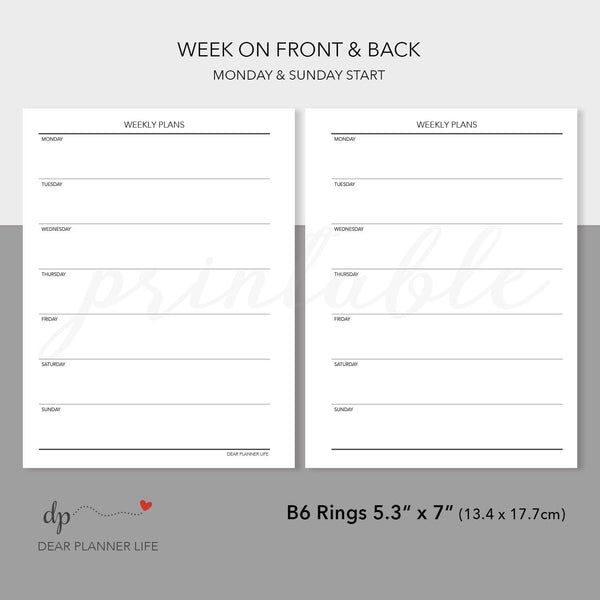 Simple Undated Week on 1 Page (B6 Rings Size) Printable PDF : B-31