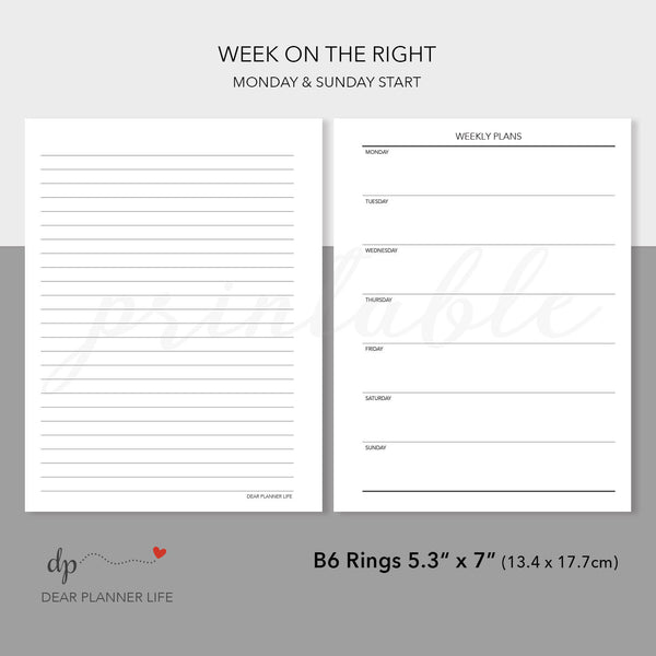 Simple Undated Week on 1 Page (B6 Rings Size) Printable PDF : B-31