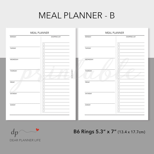 Meal Planner Tracker (B6 Size) PDF Printable : B32-B