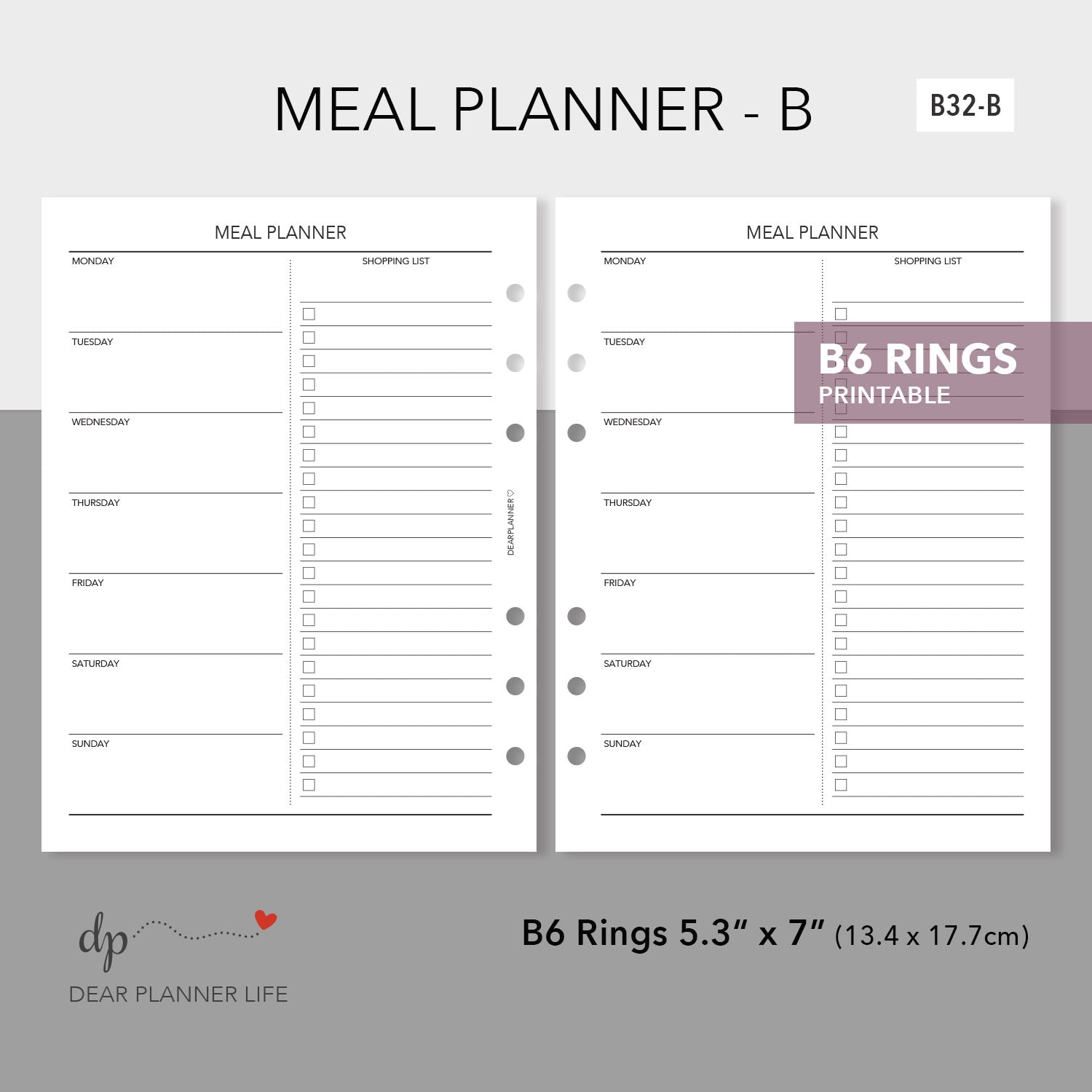 Meal Planner Tracker (B6 Size) PDF Printable : B32-B