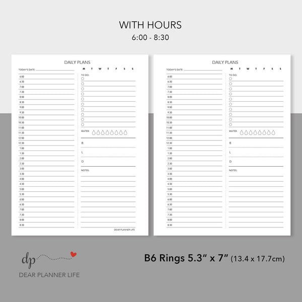 Daily Plans With & Without Hours (B6 Rings Size) Printable PDF : B-36