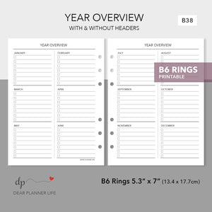 Year Overview (B6 Rings Size) Printable PDF : B38