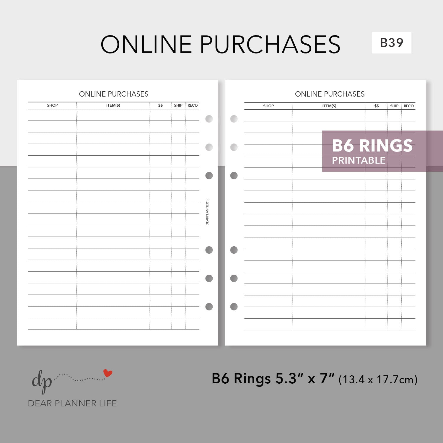 Online Purchases Tracker (B6 Rings Size) Printable PDF : B39