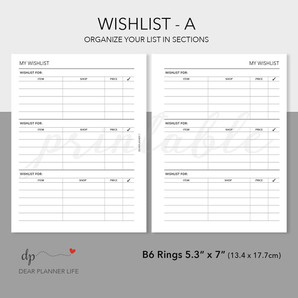 Wishlist Categories PDF Printable : B46-A