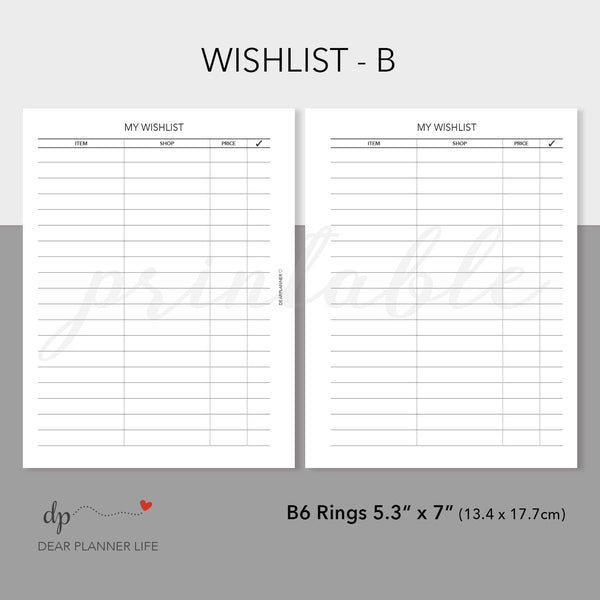 General Wishlist Planner Page Printable PDF : B46-B