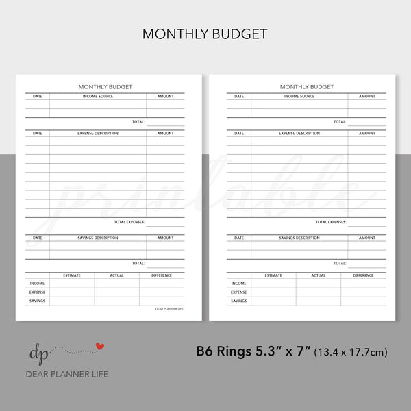 Monthly Budget Tracker (B6 Size) Printable PDF : B-47