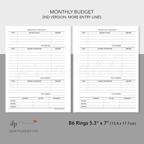 Monthly Budget Tracker (B6 Size) Printable PDF : B-47