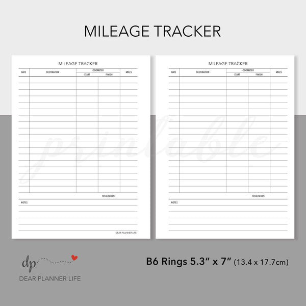 Mileage Tracker (B6 Rings Size) Printable PDF : B-49