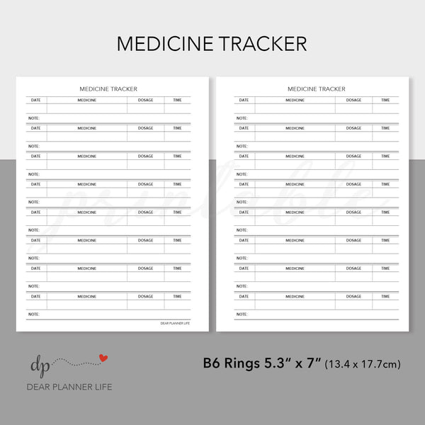 Medicine Tracker (B6 Size) PDF Printable : B-50