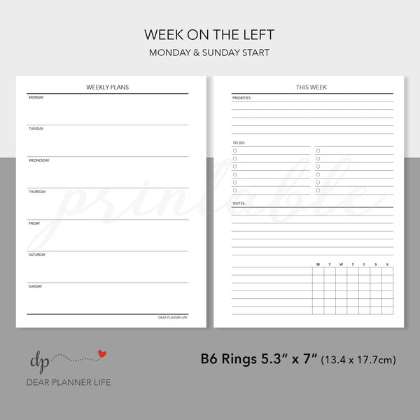 Undated Weekly / Agenda (B6 Rings Size) Printable PDF : B-51