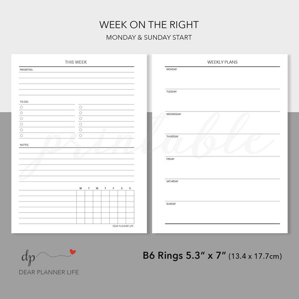 Undated Weekly / Agenda (B6 Rings Size) Printable PDF : B-51