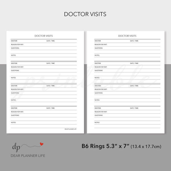 Doctor Visits Tracker (B6 Size) PDF Printable : B-57