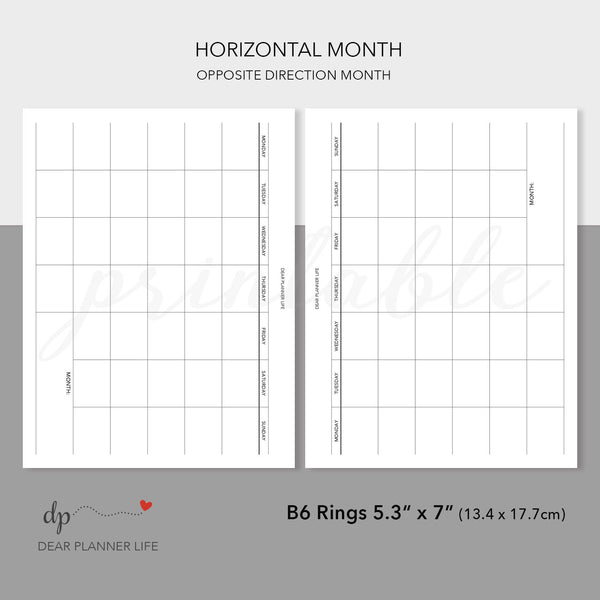 Undated Horizontal Monthly Template (B6 Rings Size) Printable PDF : B-62