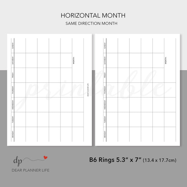 Undated Horizontal Monthly Template (B6 Rings Size) Printable PDF : B-62