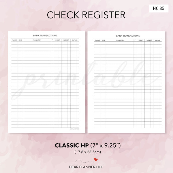 Check Register (Classic HP Size) Printable PDF : C35