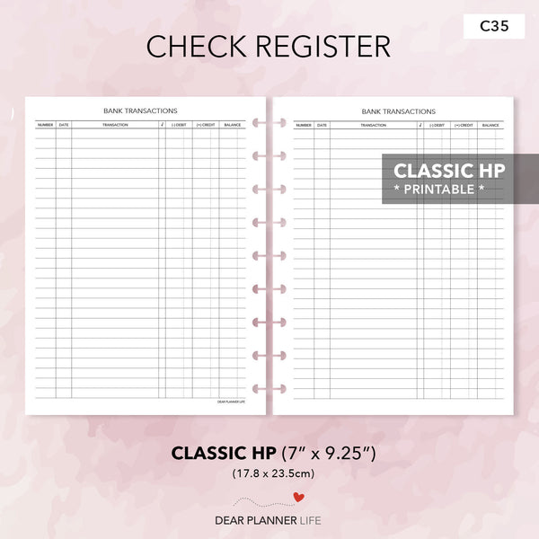 Check Register (Classic HP Size) Printable PDF : C35