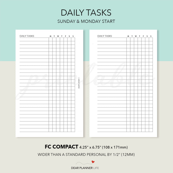 Daily Tasks Tracker (FC Compact Size) Printable PDF : F01