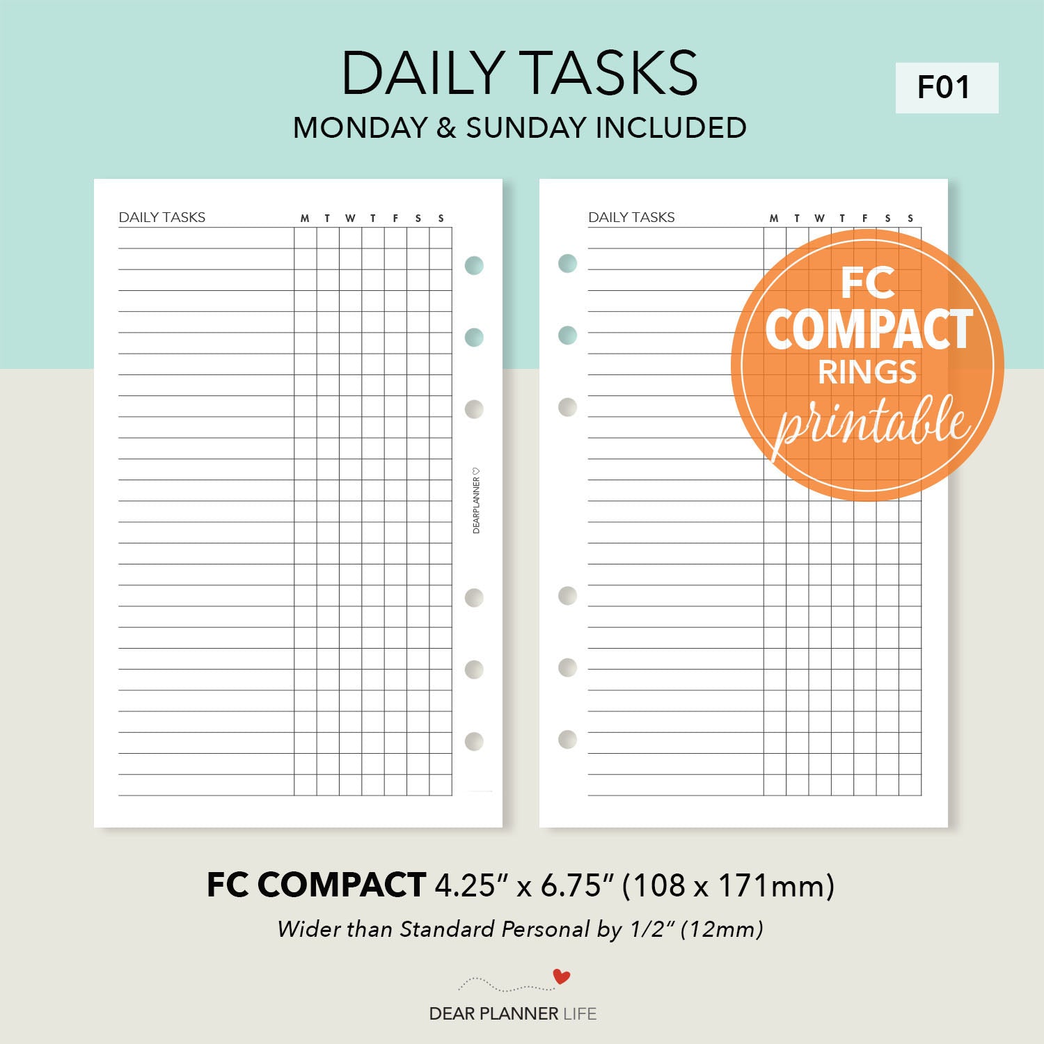 Daily Tasks Tracker (FC Compact Size) Printable PDF : F01