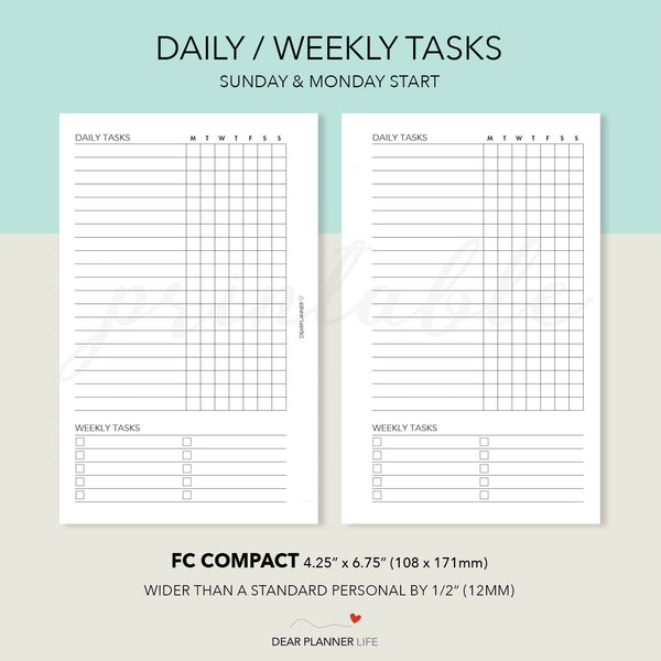 Daily Weekly Tasks Tracker (FC Compact Size) Printable PDF : F-02