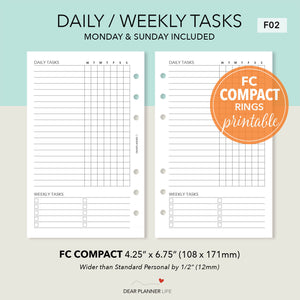 Daily Weekly Tasks Tracker (FC Compact Size) Printable PDF : F-02