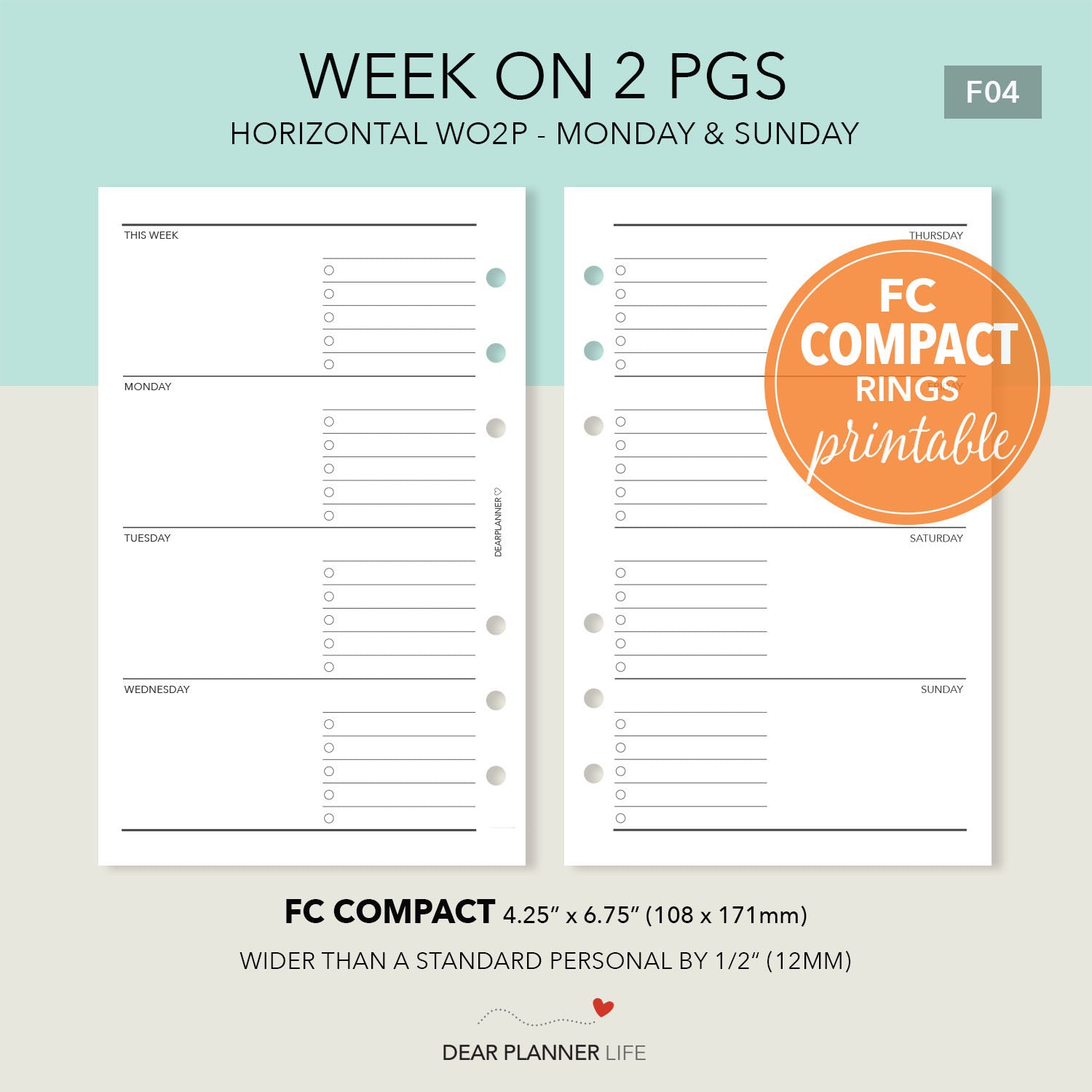 FC Compact: Horizontal Week on 2 Pages Printable PDF : F-04