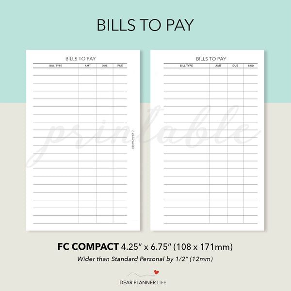 Bills To Pay Tracker (FC Compact) Printable PDF : F-05