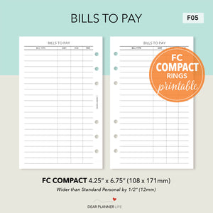 Bills To Pay Tracker (FC Compact) Printable PDF : F-05