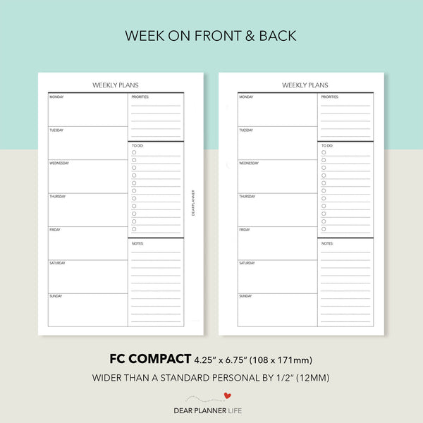 Undated Week on 1 Page (FC Compact Size) Printable PDF : F-07