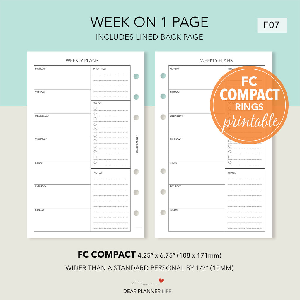 Undated Week Undated Week on 1 Page (FC Compact Size) Printable PDF : F-07 ...
