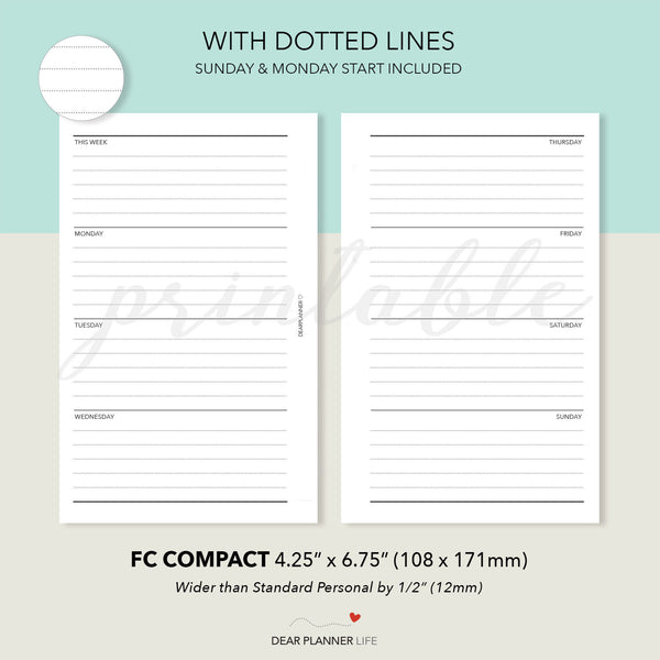 Horizontal Week on 2 Pages (FC Compact Size) Printable PDF : F-13