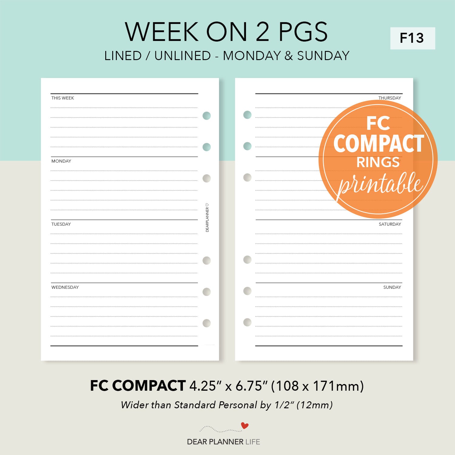 Horizontal Week on 2 Pages (FC Compact Size) Printable PDF : F-13