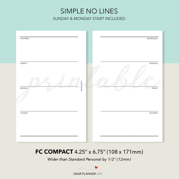 Horizontal Week on 2 Pages (FC Compact Size) Printable PDF : F-13