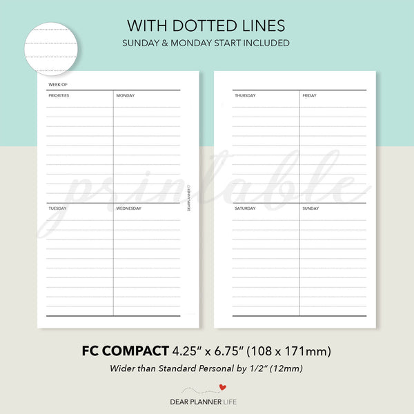 Vertical Quadrant Week on 2 Pages (FC Compact Size) Printable PDF : F-14