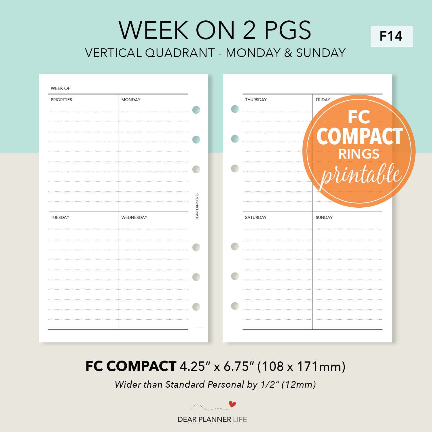 Vertical Quadrant Week on 2 Pages (FC Compact Size) Printable PDF : F-14