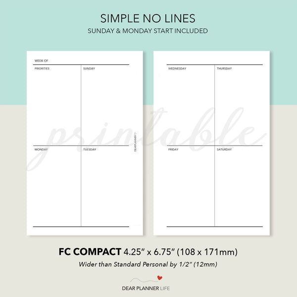 Vertical Quadrant Week on 2 Pages (FC Compact Size) Printable PDF : F-14