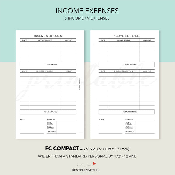 Income and Expense Tracker (FC Compact) Printable PDF : F-16