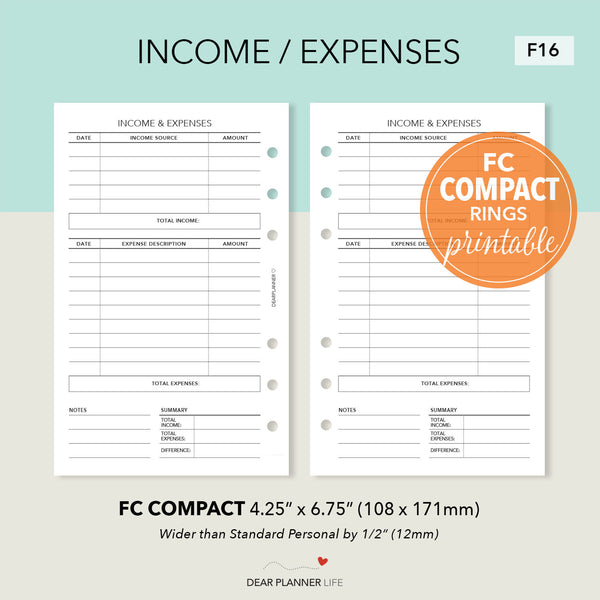 Income and Expense Tracker (FC Compact) Printable PDF : F-16