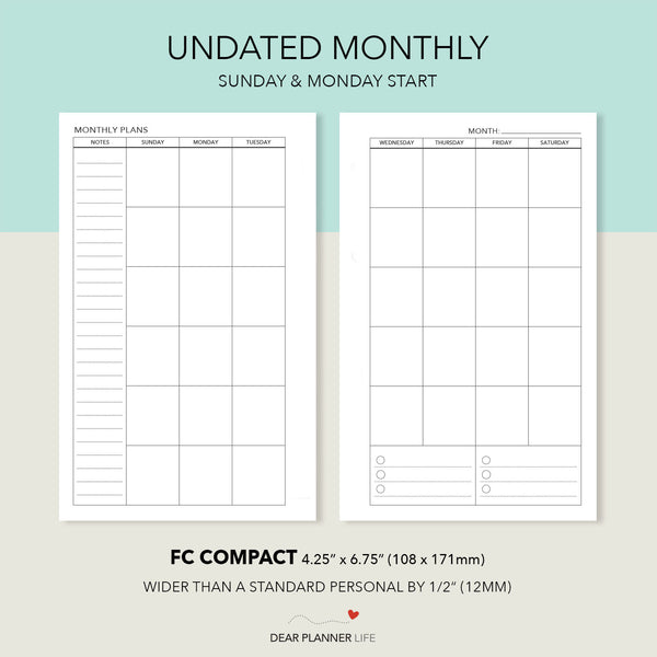 Undated Month on 2 Pages Template (FC Compact) Printable PDF: F-22.25