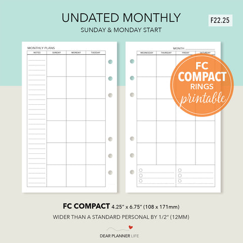 Undated Month on 2 Pages Template (FC Compact) Printable PDF: F-22.25