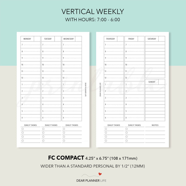 Vertical Week on 2 Pages With or Without Time (FC Compact Size) Printable PDF : F-26