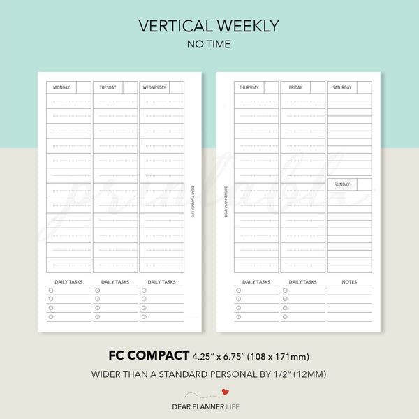 Vertical Week on 2 Pages With or Without Time (FC Compact Size) Printable PDF : F-26