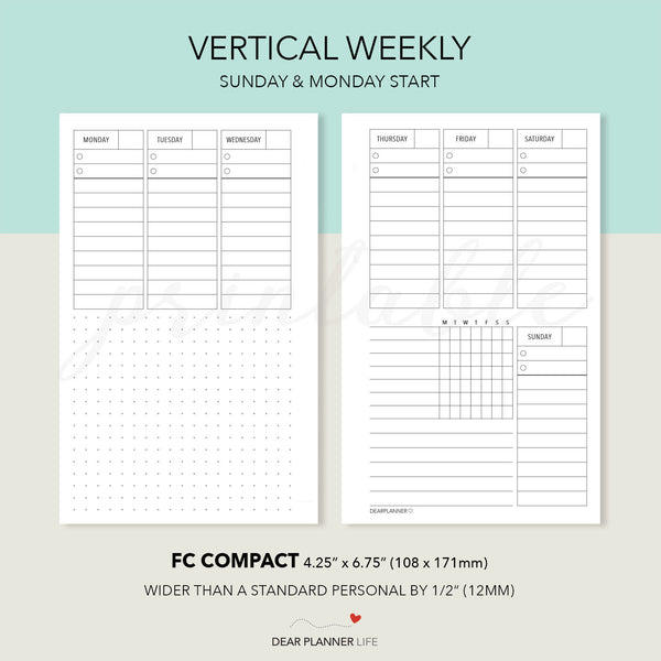 Vertical Week on 2 Pages (FC Compact Size) Printable PDF : F-27