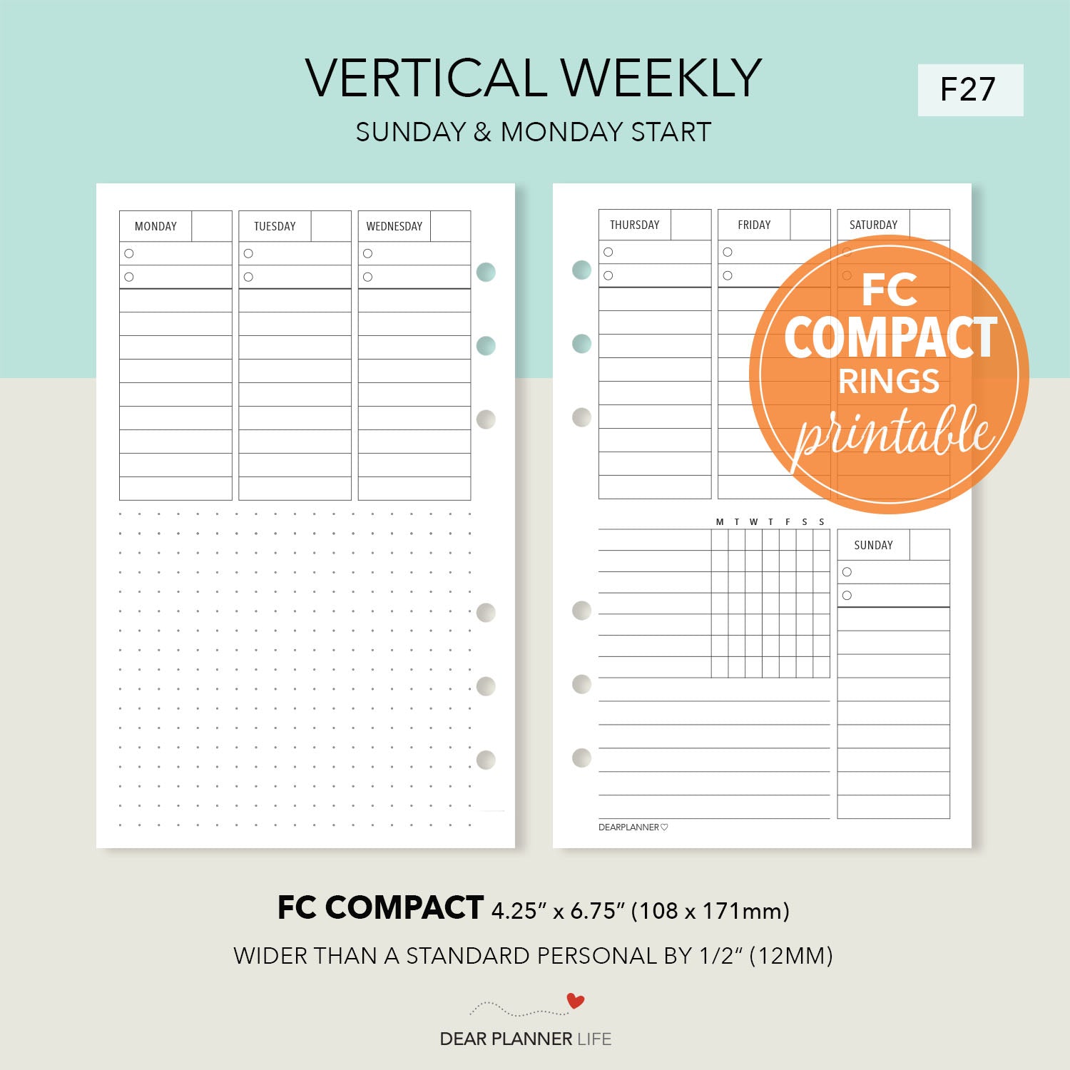 Vertical Week on 2 Pages (FC Compact Size) Printable PDF : F-27