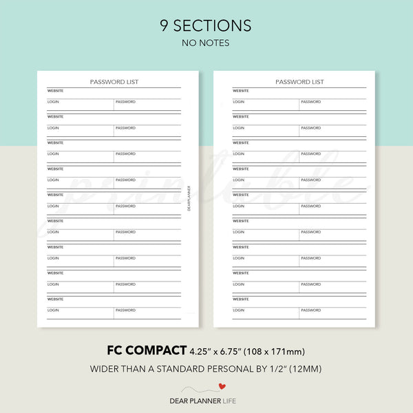 Password List (FC Compact Size) Printable PDF : F28