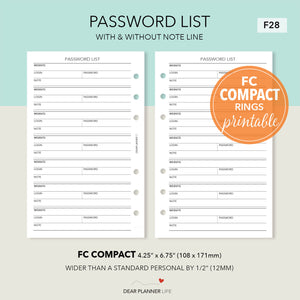 Password List (FC Compact Size) Printable PDF : F28