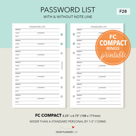 Password List (FC Compact Size) Printable PDF : F28