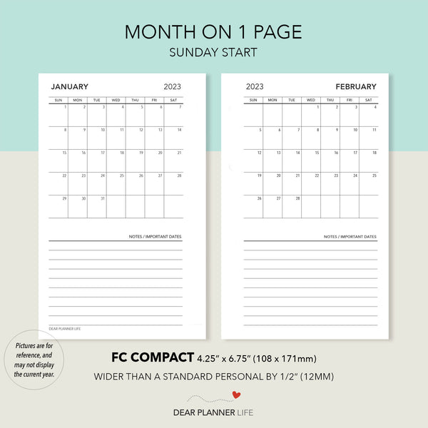 2024 Continuous Month On 1 Page, SUNDAY Start (FC Compact Size) Printable PDF : F-29 C